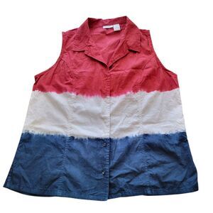 Tantrums Womens Top XL Sleeveless Red White Blue Blouse Button-up